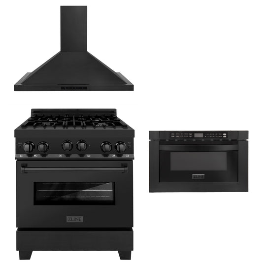 ZLINE 30 in. Kitchen Package with Black Stainless Steel Gas Range, Convertible Vent Range Hood and Microwave Drawer(3KP-RGBRH30-MW)
