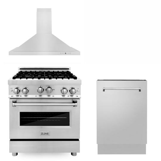 ZLINE 30 in. Kitchen Package with Stainless Steel Gas Range, Convertible Vent Range Hood and Tall Tub Dishwasher (3KP-RGRH30-DWV)