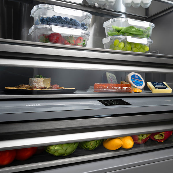 ZLINE Autograph Edition 36 in. 19.6 cu. ft. French Door Built-In Bottom Freezer Refrigerator with Water Dispenser and Ice Maker in Satin Stainless Steel with Graphite Gray Interior and Matte Black Accents (GRBIVZ-SN-36-MB)