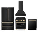 ZLINE Autograph Edition 30 in. Kitchen Package with Black Stainless Steel Dual Fuel Range, Range Hood, Dishwasher, and Refrigerator with External Water Dispenser with Polished Gold Accents (4AKPR-RABRHDWV30-G)
