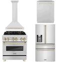 ZLINE 4-Piece Autograph Edition Stainless Steel Kitchen Package with Range, Range Hood, Dishwasher, and French Door Refrigerator with matching Polished Gold accents.