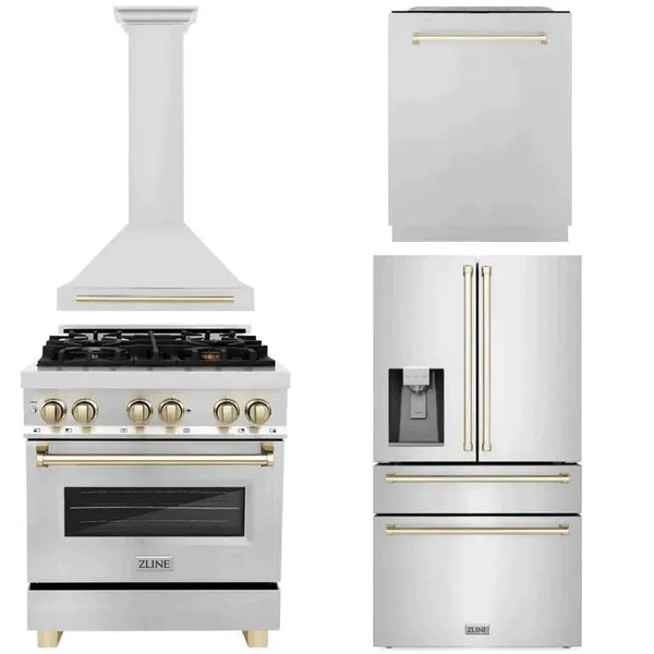 ZLINE 4-Piece Autograph Edition Stainless Steel Kitchen Package with Range, Range Hood, Dishwasher, and French Door Refrigerator with matching Polished Gold accents.