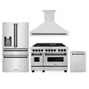 ZLINE 4-Piece Autograph Edition Stainless Steel Kitchen Package with Range, Range Hood, Dishwasher, and French Door Refrigerator with matching Matte Black accents.