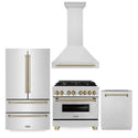 ZLINE 4-Piece Autograph Edition Stainless Steel Kitchen Package with Dual Fuel Range, Range Hood, Dishwasher and French Door Refrigerator with matching Champagne Bronze accents.