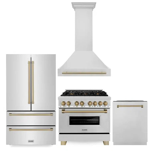 ZLINE 4-Piece Autograph Edition Stainless Steel Kitchen Package with Dual Fuel Range, Range Hood, Dishwasher and French Door Refrigerator with matching Champagne Bronze accents.