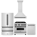 ZLINE 4-Piece Autograph Edition Stainless Steel Kitchen Package with Dual Fuel Range, Range Hood, Dishwasher and French Door Refrigerator with matching Matte Black accents.