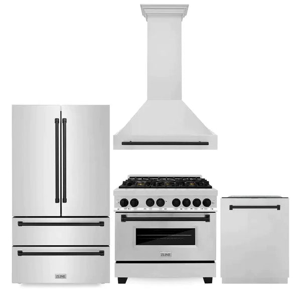 ZLINE 4-Piece Autograph Edition Stainless Steel Kitchen Package with Dual Fuel Range, Range Hood, Dishwasher and French Door Refrigerator with matching Matte Black accents.