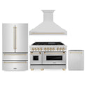 ZLINE 4-Piece Autograph Edition Stainless Steel Kitchen Package with Dual Fuel Range, Range Hood, Dishwasher and French Door Refrigerator with matching Polished Gold accents.
