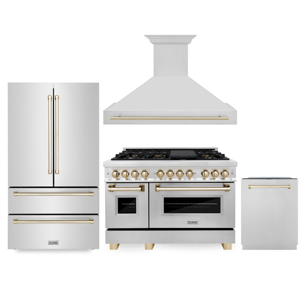 ZLINE 4-Piece Autograph Edition Stainless Steel Kitchen Package with Dual Fuel Range, Range Hood, Dishwasher and French Door Refrigerator with matching Polished Gold accents.