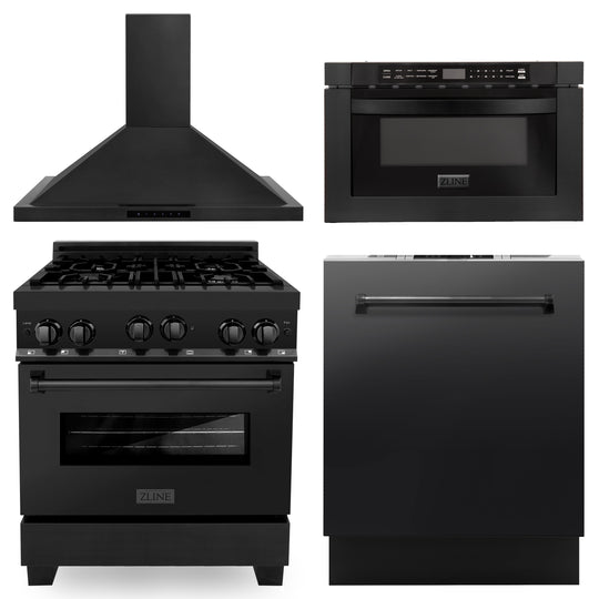 ZLINE 30 in. Kitchen Package with Black Stainless Steel Gas Range, Range Hood, Microwave Drawer and Dishwasher(4KP-RGBRH30-MWDW)