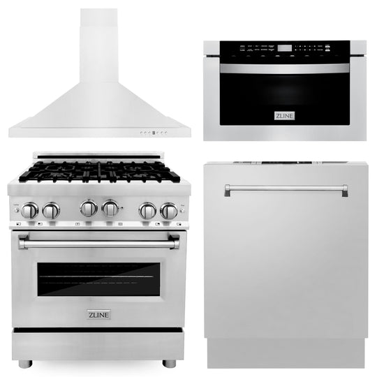 ZLINE 30 in. Kitchen Package with Stainless Steel Gas Range, Range Hood, Microwave Drawer and Dishwasher (4KP-RGRH30-MWDW)