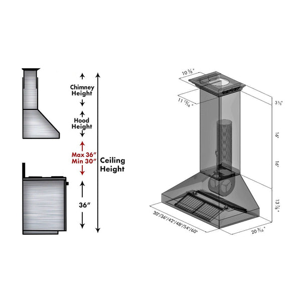 ZLINE Professional Convertible Vent Wall Mount Range Hood in Stainless Steel with Crown Molding (597CRN) dimensional diagram with measurements.