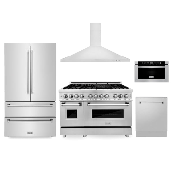 ZLINE Kitchen Package with Refrigeration, 48 in. Stainless Steel Dual Fuel Range, 48 in. Convertible Vent Range Hood, 24 in. Microwave Drawer, and 24 in. Tall Tub Dishwasher (5KPR-RARH48-MWDWV) 