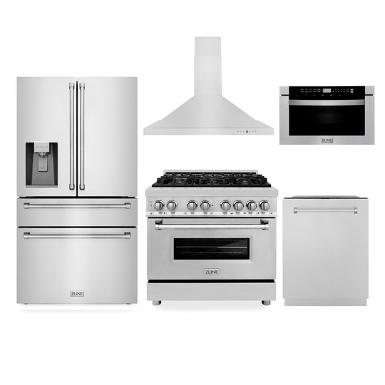ZLINE Kitchen Package with Water and Ice Dispenser Refrigerator, 36 in. Dual Fuel Range, 36 in. Range Hood, Microwave Drawer, and 24 in. 3rd Rack Dishwasher