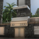 ZLINE Outdoor Wall Mount Range Hood in Outdoor Approved Stainless Steel (667-304) rendering above an outdoor barbecue from below.