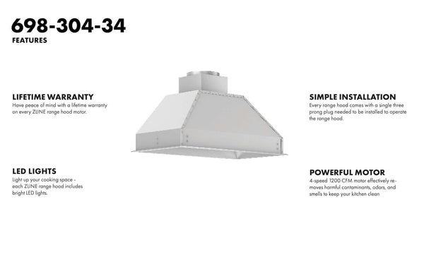 ZLINE 34 in. Ducted Wall Mount Range Hood Insert in Outdoor Approved Stainless Steel (698-304)-Range Hoods- ZLINE Kitchen and Bath