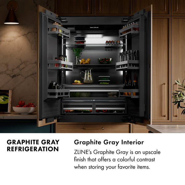 ZLINE Autograph Edition 36 in. 19.6 cu. ft. French Door Built-In Bottom Freezer Refrigerator with Water Dispenser and Ice Maker in Satin Stainless Steel with Graphite Gray Interior and Matte Black Accents (GRBIVZ-SN-36-MB)