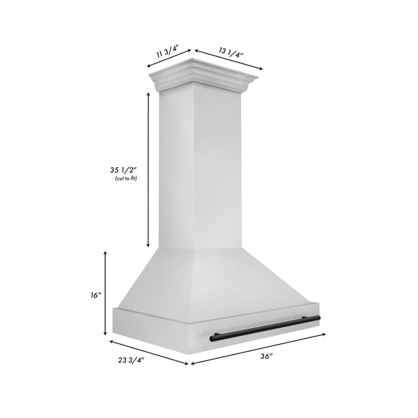 ZLINE Autograph Edition 36 in. Kitchen Package with Stainless Steel Dual Fuel Range and Range Hood with Matte Black Accents (2AKP-RARH36-MB) dimensional diagram with measurements.