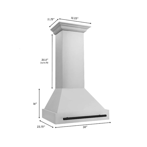 ZLINE Autograph Edition 30 in. Stainless Steel Range Hood with Stainless Steel Shell and Matte Black Handle (8654STZ-30-MB) dimensions.