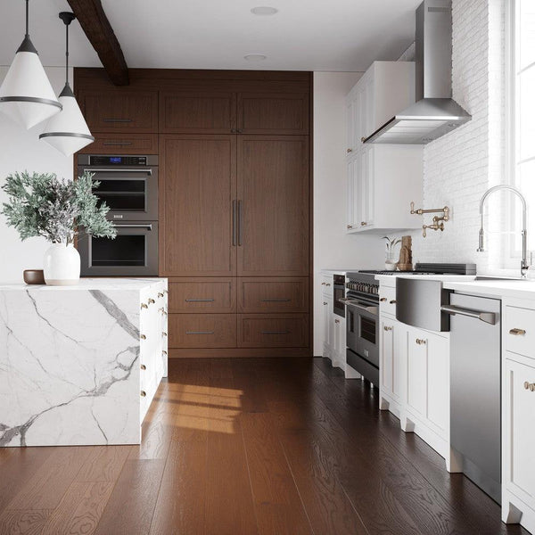 ZLINE Convertible Vent Wall Mount Range Hood in Stainless Steel (KL2) in a luxury white and wood kitchen from side.