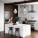 ZLINE Convertible Vent Wall Mount Range Hood in Stainless Steel (KL2) in a luxury white and wood kitchen from front.