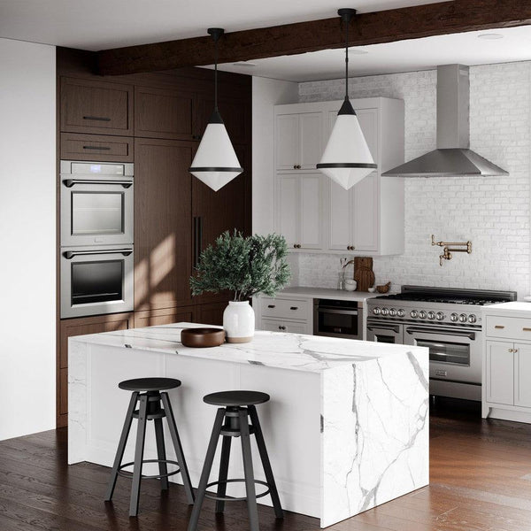 ZLINE Convertible Vent Wall Mount Range Hood in Stainless Steel (KL2) in a luxury white and wood kitchen from front.