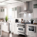 ZLINE dual fuel range and other appliances in farmhouse kitchen.