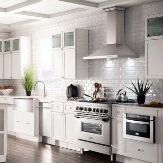 ZLINE dual fuel range and other appliances in farmhouse kitchen.