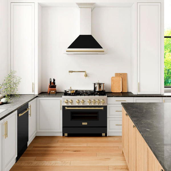 ZLINE Autograph Edition 36 in. 4.6 cu. ft. Legacy Dual Fuel Range with 6 Burner Gas Cooktop and Electric Convection Oven in Satin Stainless Steel with Black Matte Door and Polished Gold Accents (RASZ-BLM-36-G)