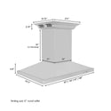 ZLINE Island Mount Range Hood in Stainless Steel with Built-in ZLINE CrownSound Bluetooth Speakers (GL2iCRN-BT) dimensional diagram with measurements.