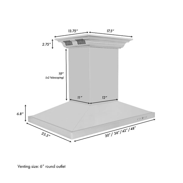 ZLINE Island Mount Range Hood in Stainless Steel with Built-in ZLINE CrownSound Bluetooth Speakers (GL2iCRN-BT) dimensional diagram with measurements.