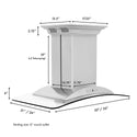 ZLINE Island Mount Range Hood in Stainless Steel with Built-in ZLINE CrownSound Bluetooth Speakers (GL9iCRN-BT) dimensional diagram with measurements.