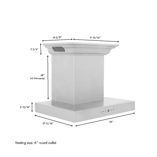 ZLINE Wall Mount Range Hood In Stainless Steel With Built-In ZLINE CrownSound Bluetooth Speakers (KECRN-BT) 24-inch dimensional diagram with measurements.