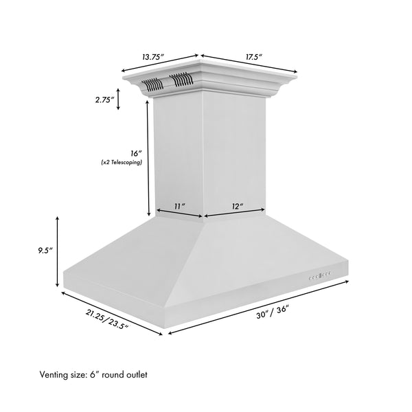 ZLINE Island Mount Range Hood in Stainless Steel with Built-in ZLINE CrownSound Bluetooth Speakers (KL3iCRN-BT) dimensional diagram with measurements.