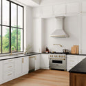 ZLINE Autograph Edition Tall Tub Dishwasher, Dual Fuel Range, Range Hood, and Pot Filler in a Country Style Kitchen from the side.