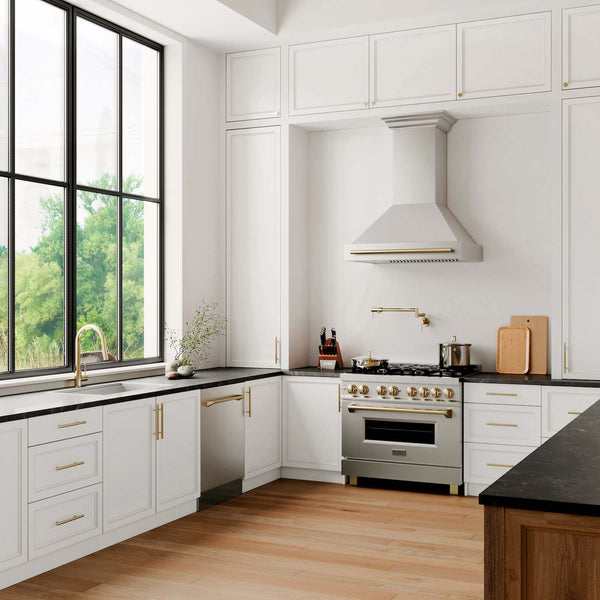 ZLINE Autograph Edition Tall Tub Dishwasher, Dual Fuel Range, Range Hood, and Pot Filler in a Country Style Kitchen from the side.