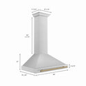 ZLINE Autograph Edition Convertible Stainless Steel Range Hood with Stainless Steel Shell and Champagne Bronze Accents (KB4STZ-CB) dimensional diagram with measurements.