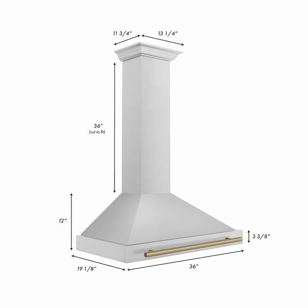 ZLINE Autograph Edition Convertible Stainless Steel Range Hood with Stainless Steel Shell and Champagne Bronze Accents (KB4STZ-CB) dimensional diagram with measurements.