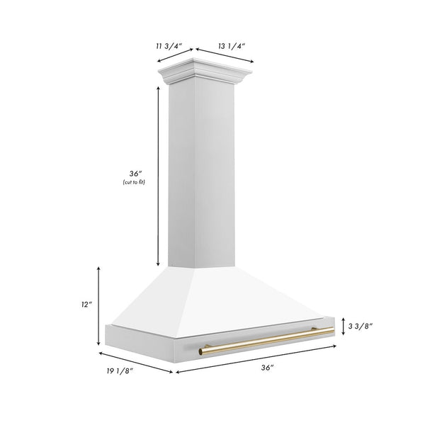 ZLINE Autograph Edition Convertible Stainless Steel Range Hood with White Matte Shell and Polished Gold Accents (KB4STZ-WM-G) dimensional diagram with measurements.