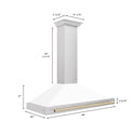 ZLINE Autograph Edition Convertible Stainless Steel Range Hood with White Matte Shell and Polished Gold Accents (KB4STZ-WM-G) dimensional diagram with measurements.