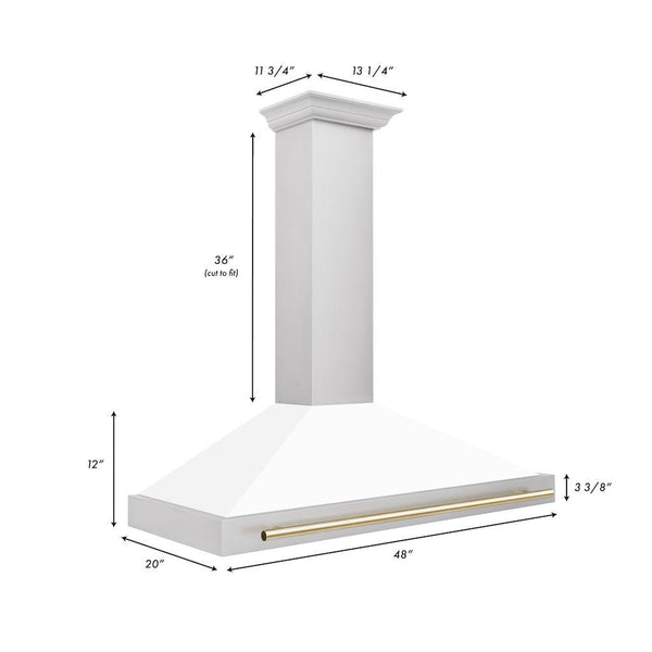 ZLINE Autograph Edition Convertible Stainless Steel Range Hood with White Matte Shell and Polished Gold Accents (KB4STZ-WM-G) dimensional diagram with measurements.