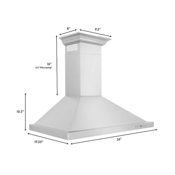 ZLINE Convertible Vent Wall Mount Range Hood in Stainless Steel with Crown Molding (KBCRN) dimensional diagram with measurements.