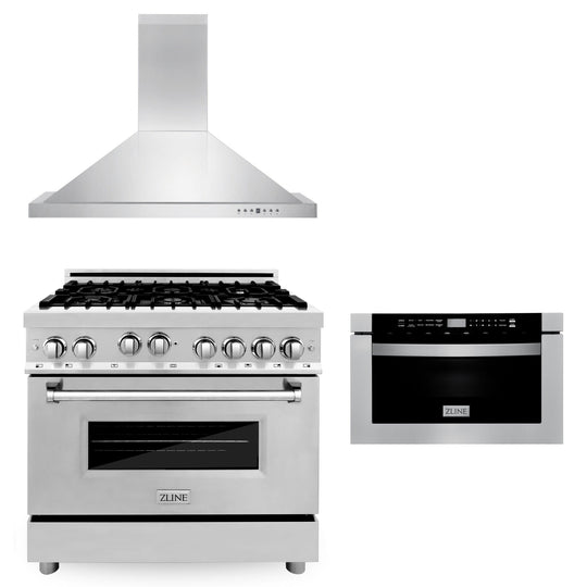 ZLINE 36 in. Kitchen Package with Stainless Steel Gas Range, Convertible Vent Range Hood and Microwave Drawer (3KP-RGRH36-MW)