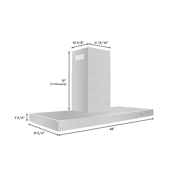 ZLINE Convertible Vent Wall Mount Range Hood in Stainless Steel (KE) dimensional diagram with measurements.