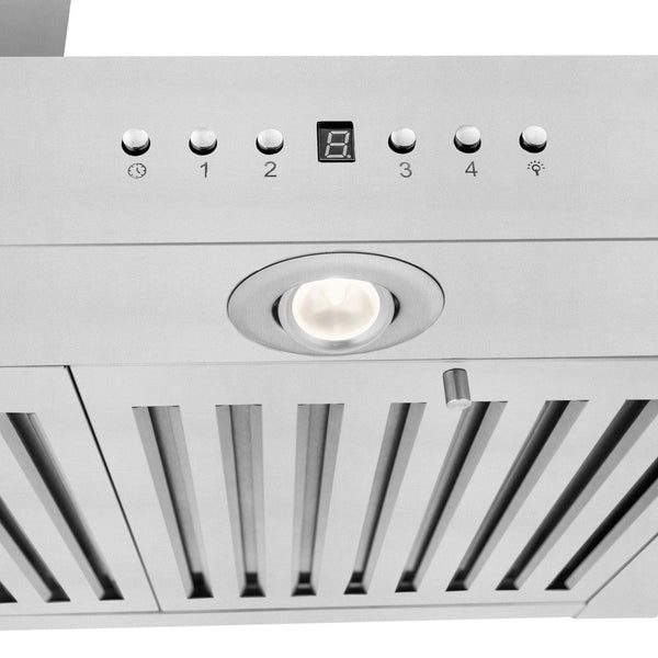 ZLINE KE low-profile wall mount range hood button panel, LCD display, and LED lighting