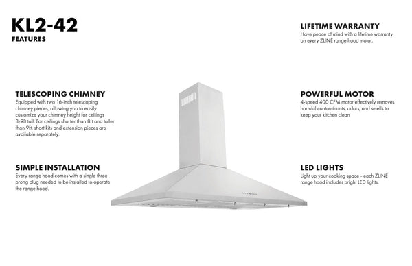 ZLINE Convertible Vent Wall Mount Range Hood in Stainless Steel (KL2) 42-inch details.