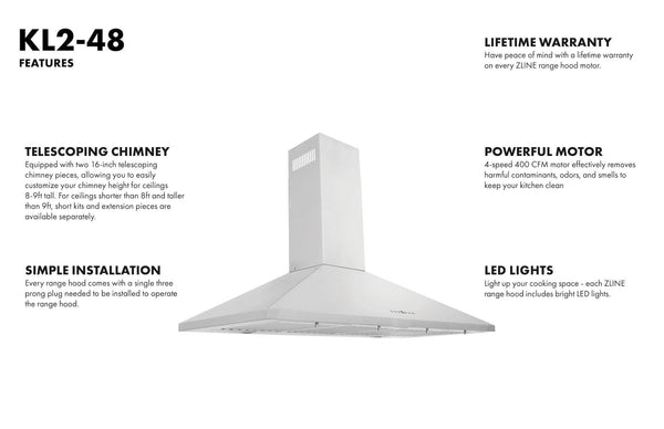 ZLINE Convertible Vent Wall Mount Range Hood in Stainless Steel (KL2) 48-inch details.