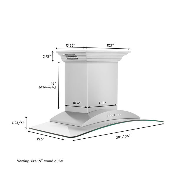 ZLINE Ducted Vent Wall Mount Range Hood in Stainless Steel with Built-in ZLINE CrownSound Bluetooth Speakers (KNCRN-BT) dimensional diagram with measurements.