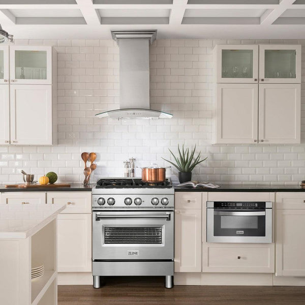 ZLINE 30 in. 4.0 cu. ft. Dual Fuel Range with Gas Stove and Electric Oven in Stainless Steel and Brass Burners (RA-BR-30) in a farmhouse kitchen.
