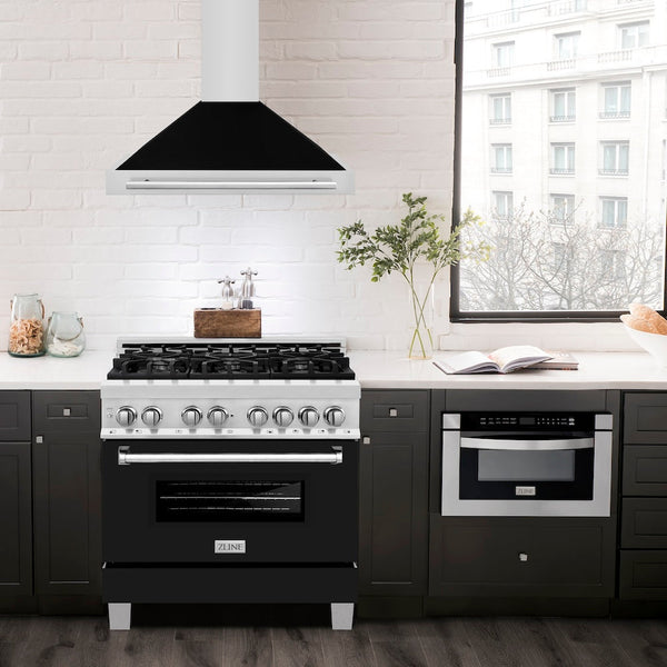 ZLINE 36 in. Convertible Stainless Steel Range Hood with Black Matte Shell and Stainless Steel Handle (KB4STX-BLM-36)